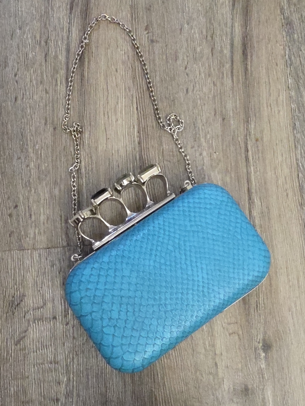 JNB SNakeskin-Embossed Knuckle Ring Clutch Purse With Chain Strap